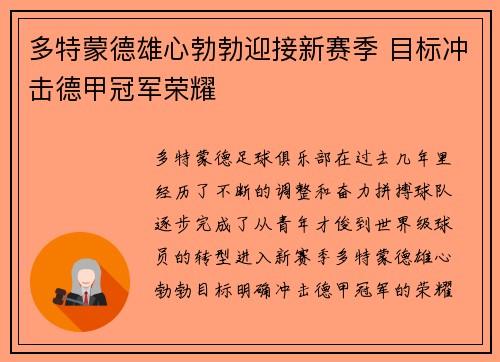 多特蒙德雄心勃勃迎接新赛季 目标冲击德甲冠军荣耀