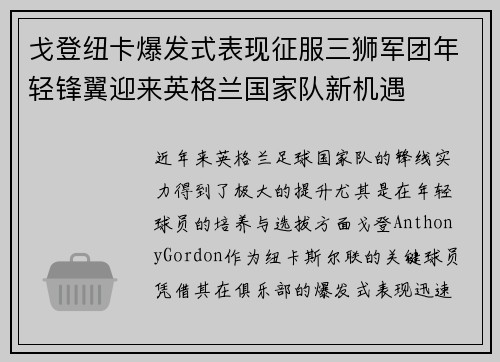 戈登纽卡爆发式表现征服三狮军团年轻锋翼迎来英格兰国家队新机遇